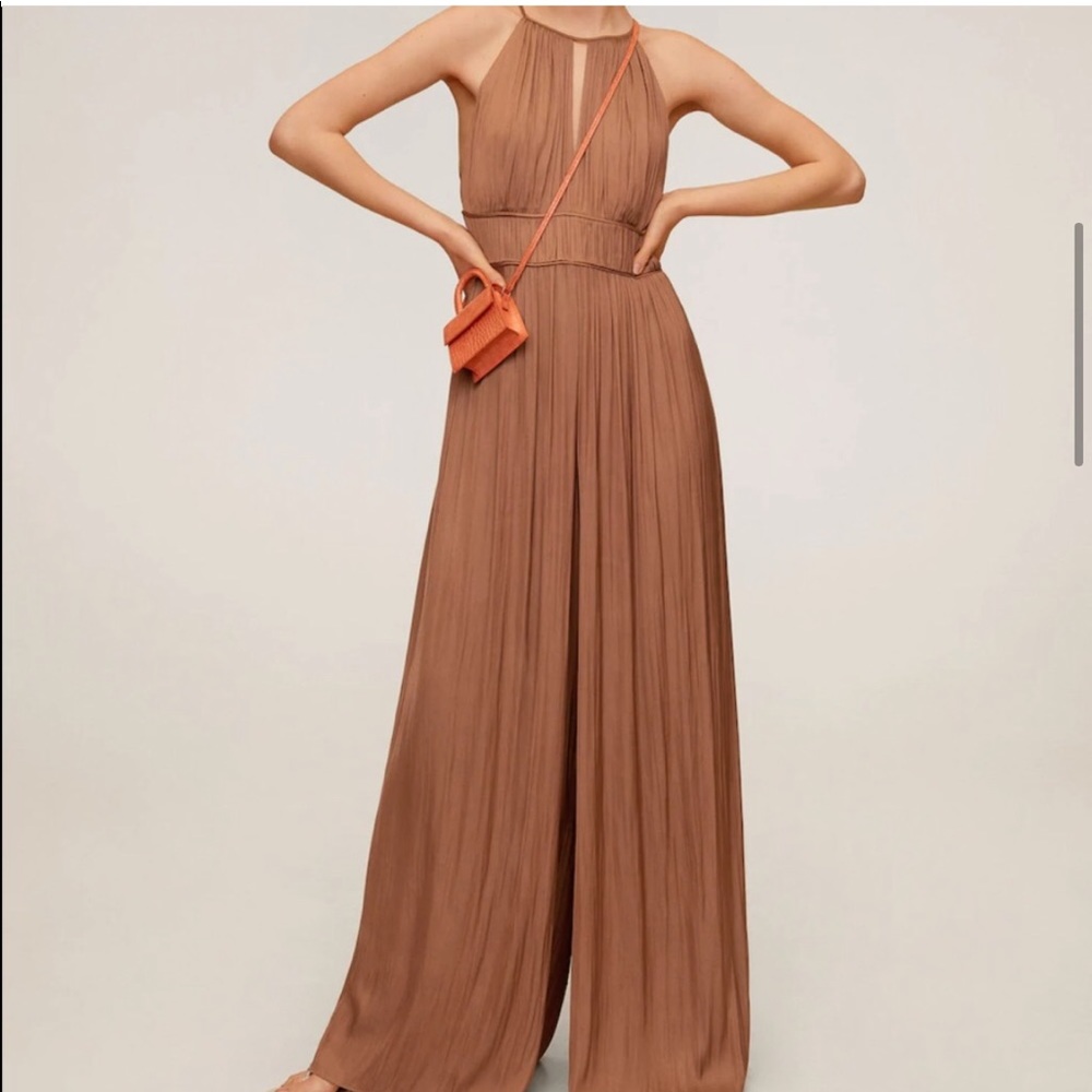Mango Brown Wide-Leg Pleated Jumpsuit